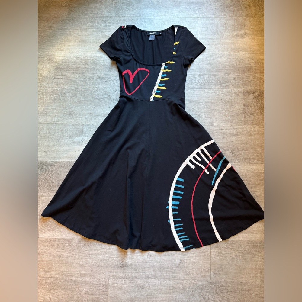 Desigual Arty A-line Short Sleeves Square Neck Black Dress Size S Heart Artsy - Picture 2 of 9